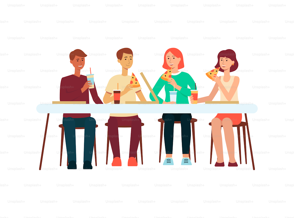 Gruppo di persone uomini e donne che mangiano pizza al ristorante o a casa illustrazione vettoriale piatta isolata su sfondo bianco. Amici o colleghi che cenano insieme.