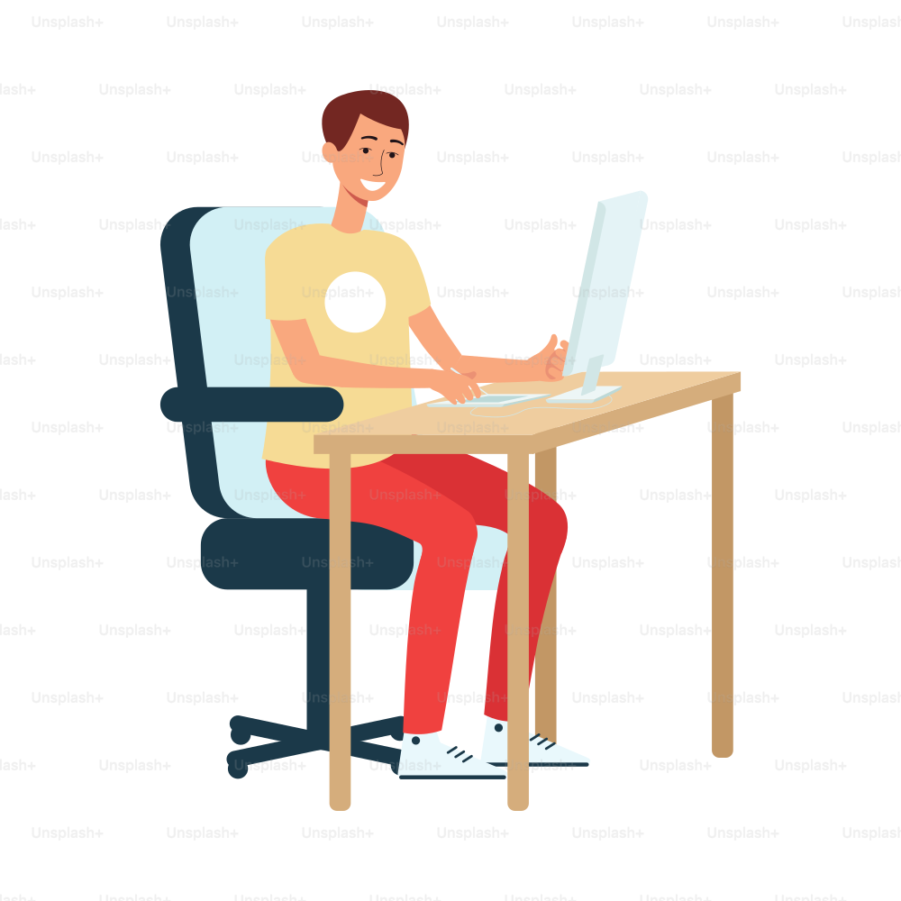 A young man brown haired artist and designer sits at a computer and draws on a graphic tablet. Male painter and designer at work, creative profession and hobby, isolated vector flat illustration.