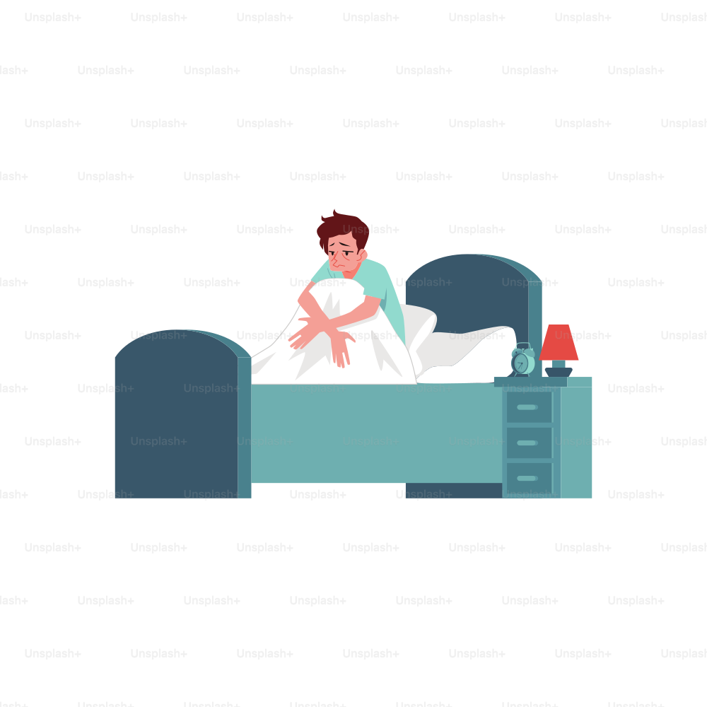 Vector unhappy young man lying in bed with sleep disorder. Tired male character with insomnia. Exhausted guy with sleepnessness in bed sitting holding knees.