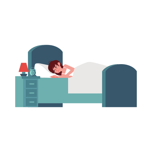 Vector unhappy young woman lying in bed with sleep disorder. Tired female character with insomnia. Exhausted girl with sleepnessness in bed with 3 o'clock time table watch.