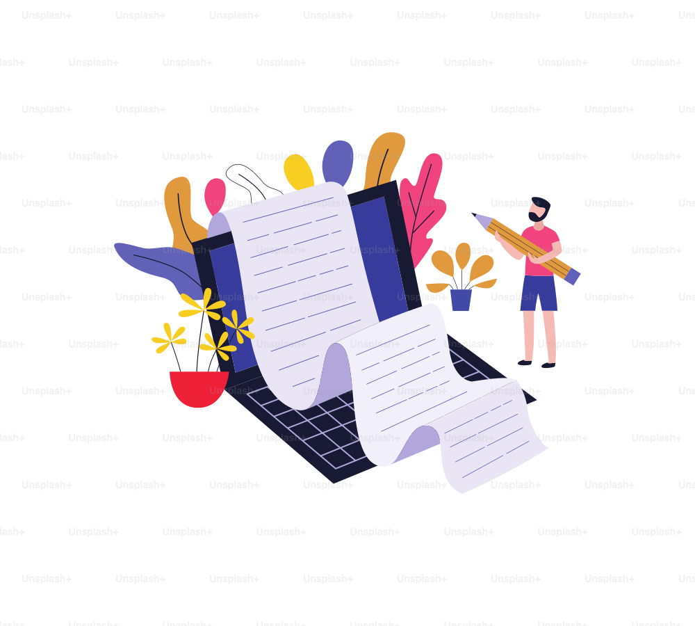 Young man holding big pencil and writing story on laptop for blogging, storytelling or copywriting concept design in flat style. Isolated vector illustration of male character creating content.