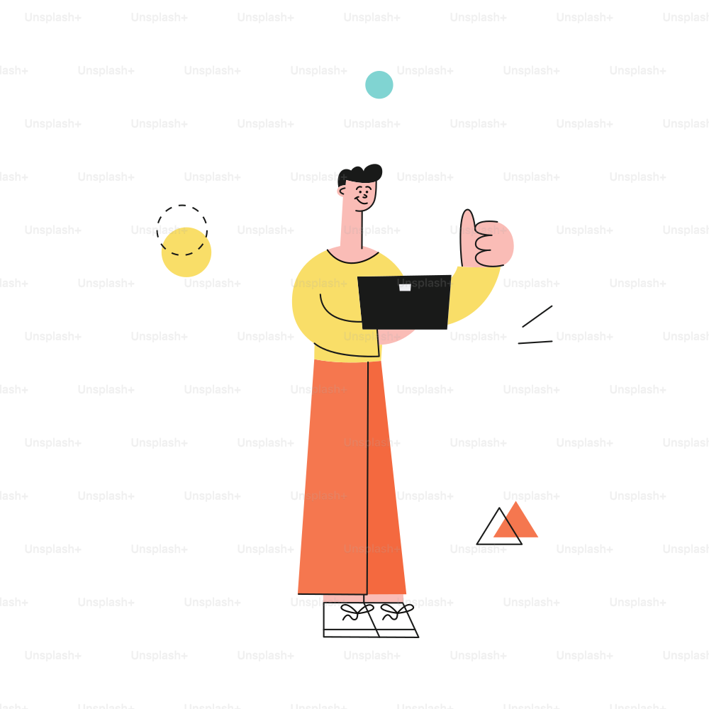 Vector male character with notebook showing thumbs up after successful development meeting, collaboration. Male office worker, business man, and cooperation and teambuilding.