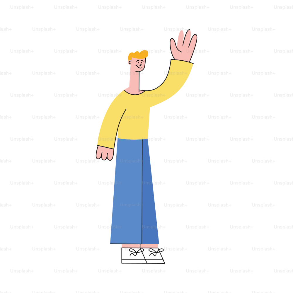 Vector male character waving hands to colleagues greeting after successful development meeting, collaboration. Male office worker, business man, and cooperation and teambuilding.