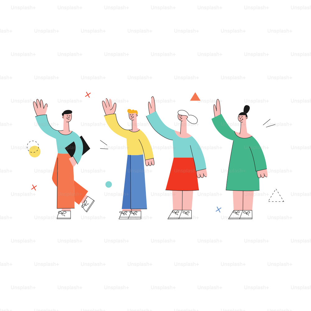 Vector male, female characters waving hands to colleagues greeting after successful development meeting, collaboration. Office workers, business men, women and cooperation and teambuilding.