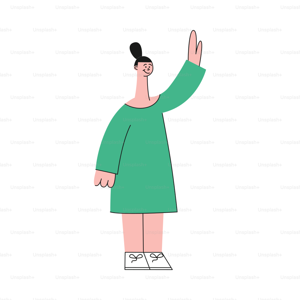 Vector female character waving hands to colleagues greeting after successful development meeting, collaboration. Office worker, business woman, and cooperation and teambuilding.