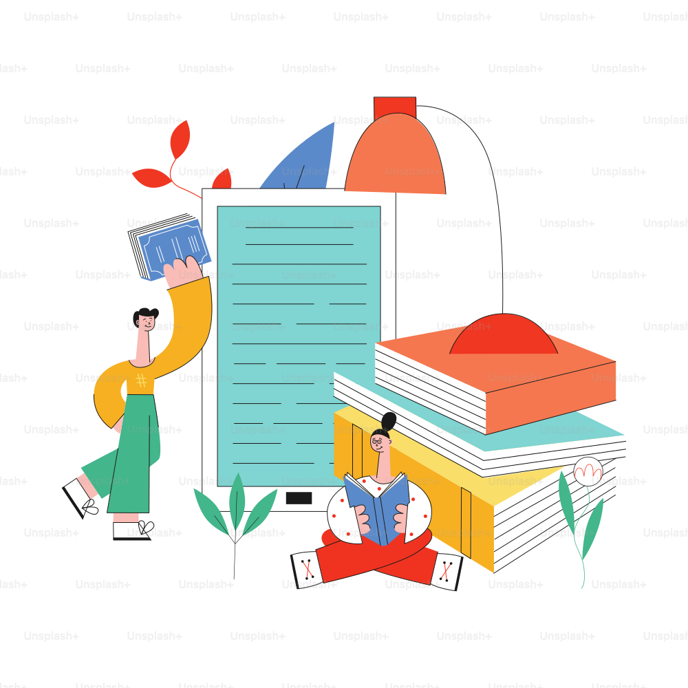 Education vector illustration with young students reading books surrounded by big school supplies isolated on white background - studying male and female characters in flat style.