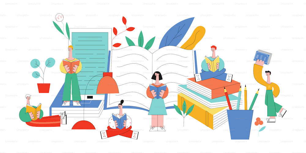 Vector stylized education concept people, objects set. Flat women, men standing, sitting legs crossed, lying reading book with pleasure and smile at face near books, pencils and florals.