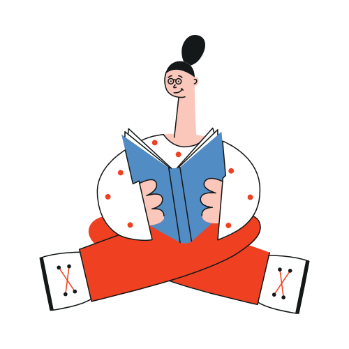 Vector stilisierte flache Frau in roten Hosen, weißes Hemd, sitzt, Beine übereinander, liest ein Buch mit Freude und einem Lächeln im Gesicht. Niedliche weibliche Schülerin hält ein Symbol für Bildung und Wissen