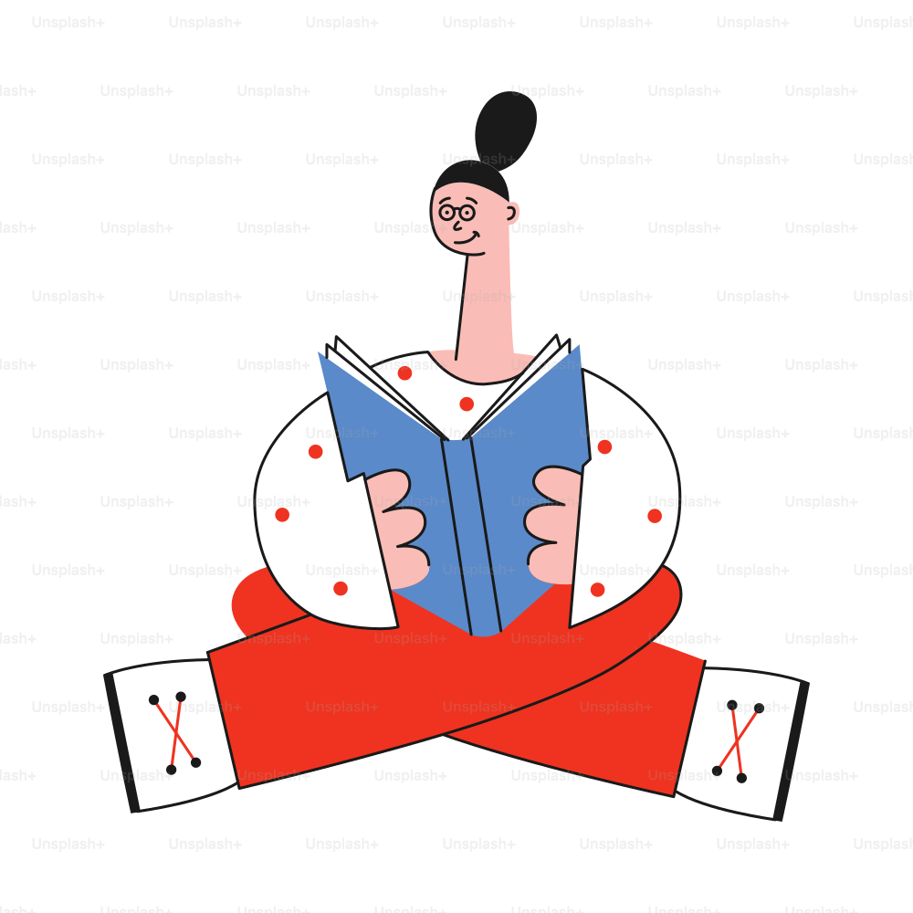 Vector stylized flat woman in red pants, white shirt sitting leg crossed reading book with pleasure and smile at face. Cute female character student holding symbol of education and knowledge