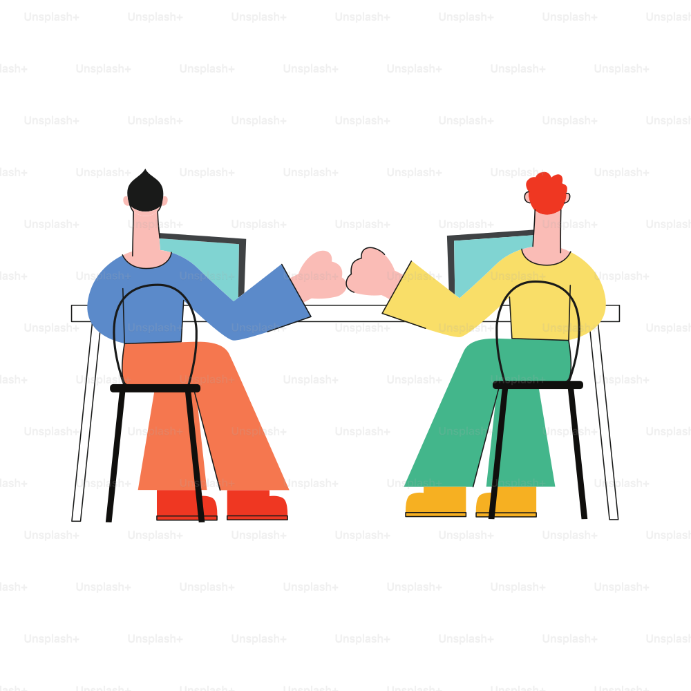 Coworking communication vector illustration with two men sitting with back working with laptops and bumping fists in flat style isolated on white background - male characters in convenient workplace.