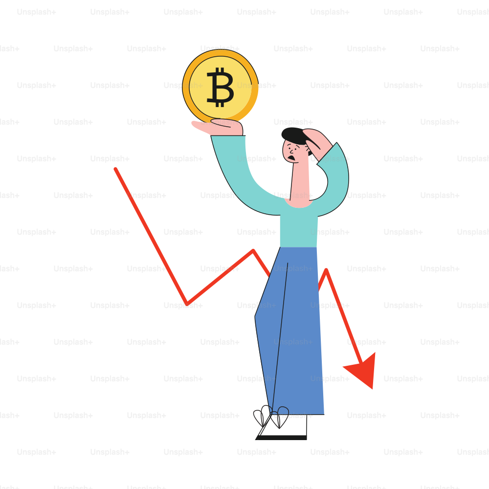 Vector shocked sad man holding bitcoin golden coin on background of decreasing trend on graph. Cryptocurrency investment and digital commerce concept. Virtual money. Isolated illustration.