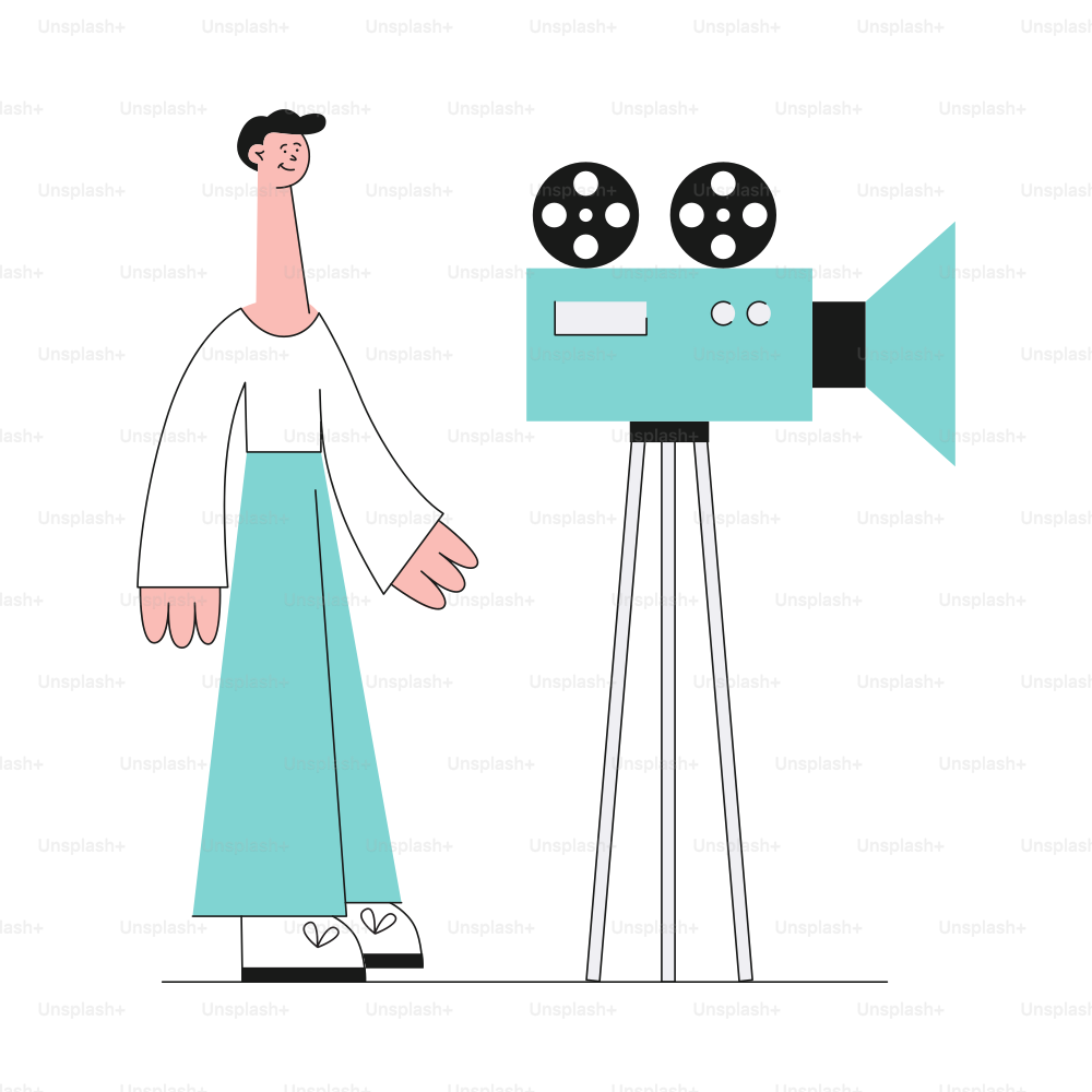 Young caucasian brunet man stands in pants and sweater in flat style. A man makes a video or movie with the camera. Video marketing web concept, vector flat illustration.