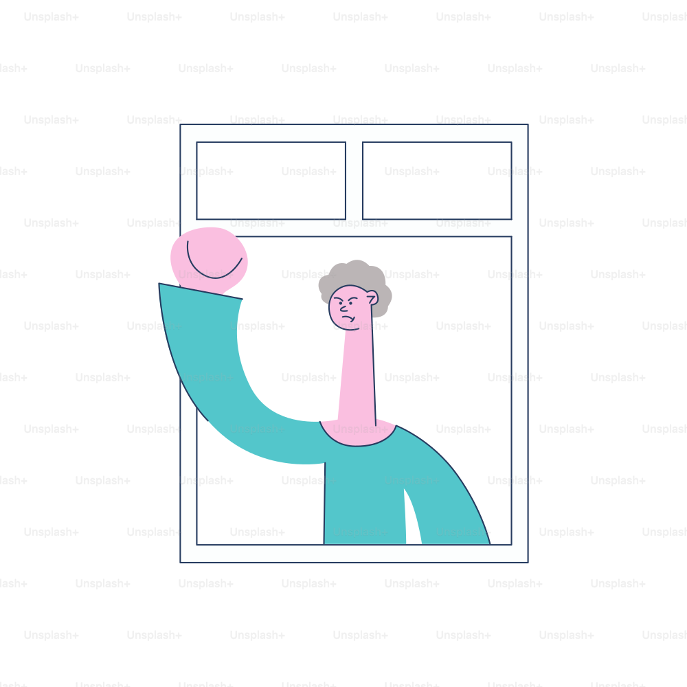 Vector angry young man with irritated facial expression waving fists looking out of the window. Male unhappy character and threatening gesture. Frustrated neighbour illustration