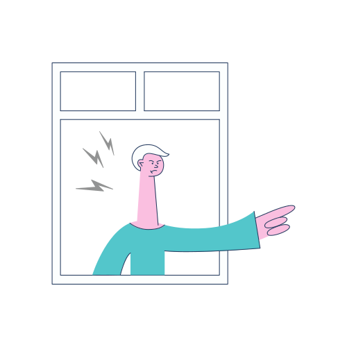 Vector, jeune homme en colère avec une expression irritée, pointant du doigt vers la fenêtre avec des éclairages autour de la tête. Homme malheureux, personnalité et geste menaçant. Voisin frustré