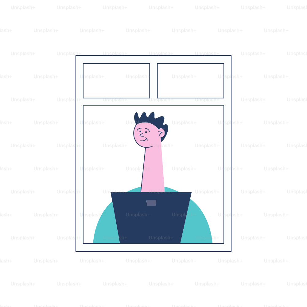 A young, curly man or brunet boy sits by the open window behind a laptop or computer. Concept of neighbors and neighborhood in the city, vector flat illustration with man neighbor by the window.