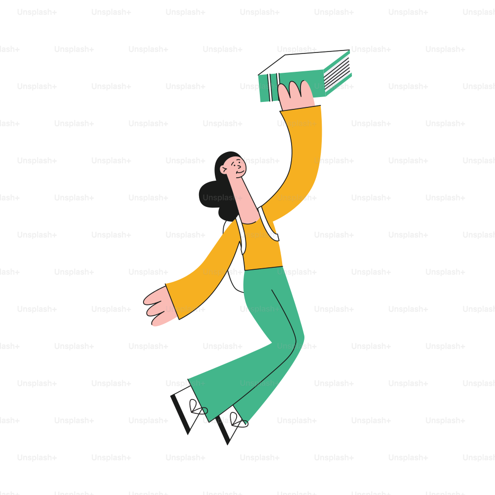 Vector happy teen girl student jumping holding textbook. Successful lesson, smiling man rejoices. Cheerful female character with schoolbag, school, university or college education design.