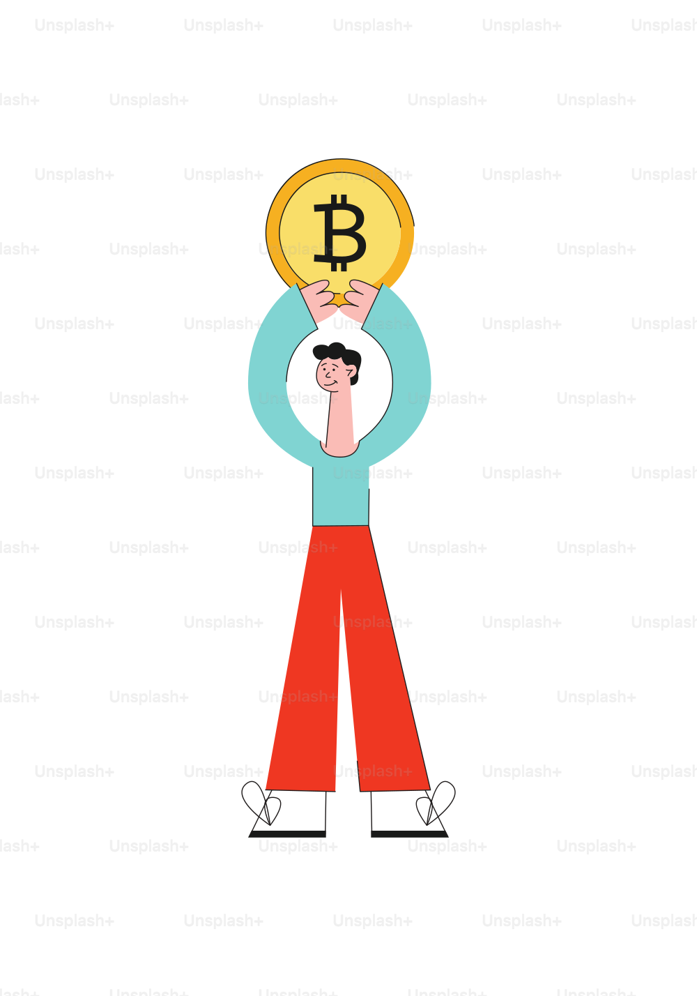 Vector happy business man holding big golden bitcoin coin above head smiling. Concept of cryptocurrency, blockchain and modern technologies in investment and payment pethods.
