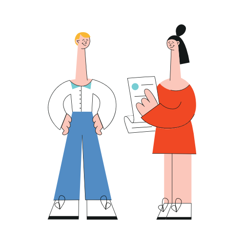 Vector illustration of business people discussing project or contract in flat style - young woman standing with paper document and pointing on it to man isolated on white background.