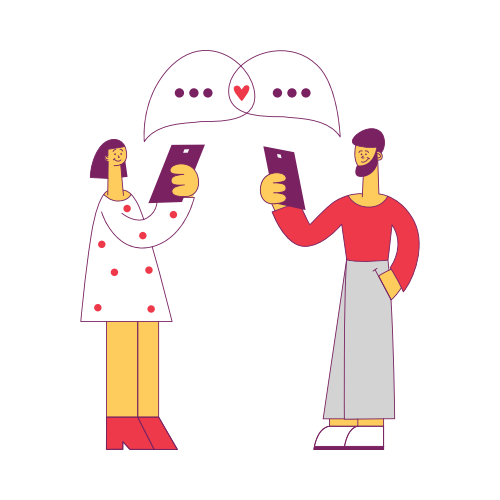 Vector illustration of online communication concept in flat style with man and woman holding mobile devices and chatting at social network with each other isolated on white background.