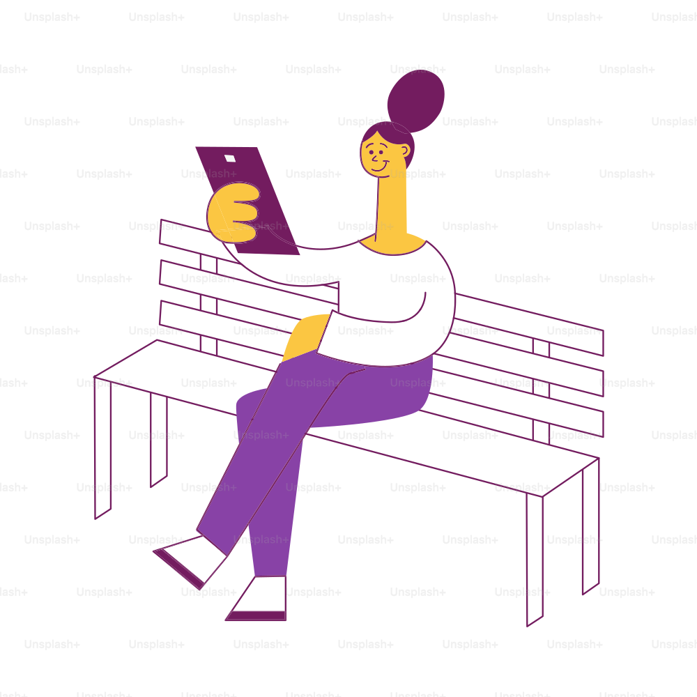 Vector social communication concept with young girl, woman siting at street bench talking via messenger or sending messages at her smartphone. Flat stylized female character illustration