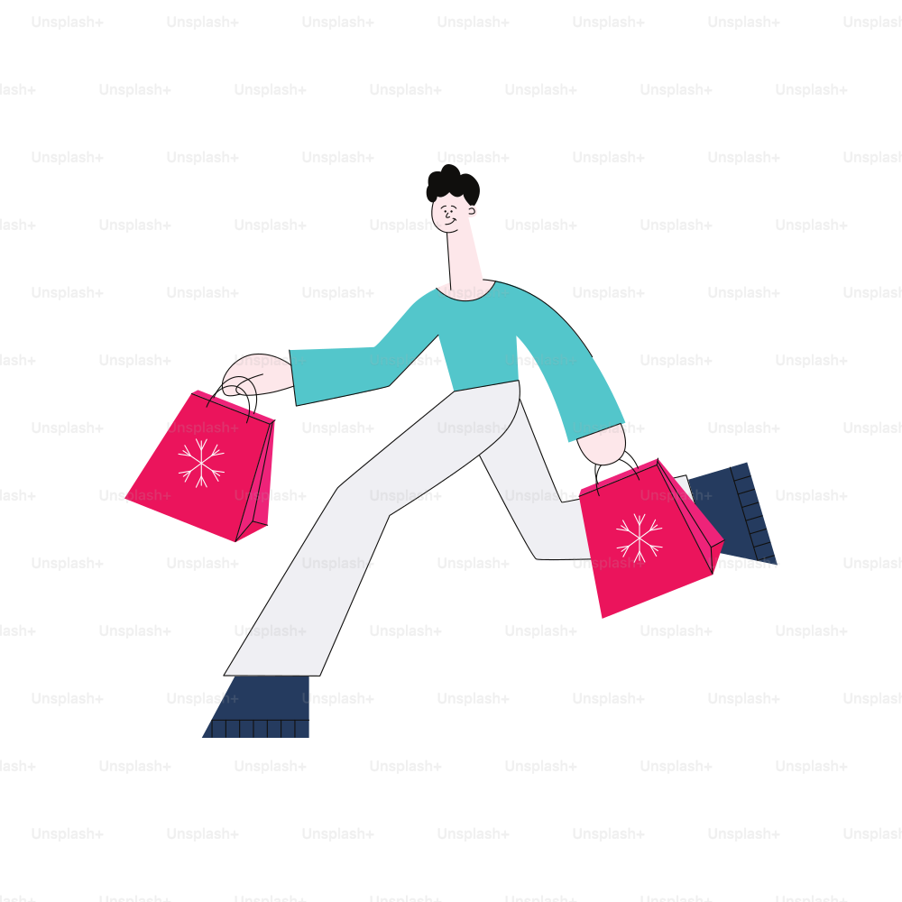 Vector stylized man in casual clothing running holding shopping bags with purchases made during store clearance and discounts. Male character with goods. flat illustration
