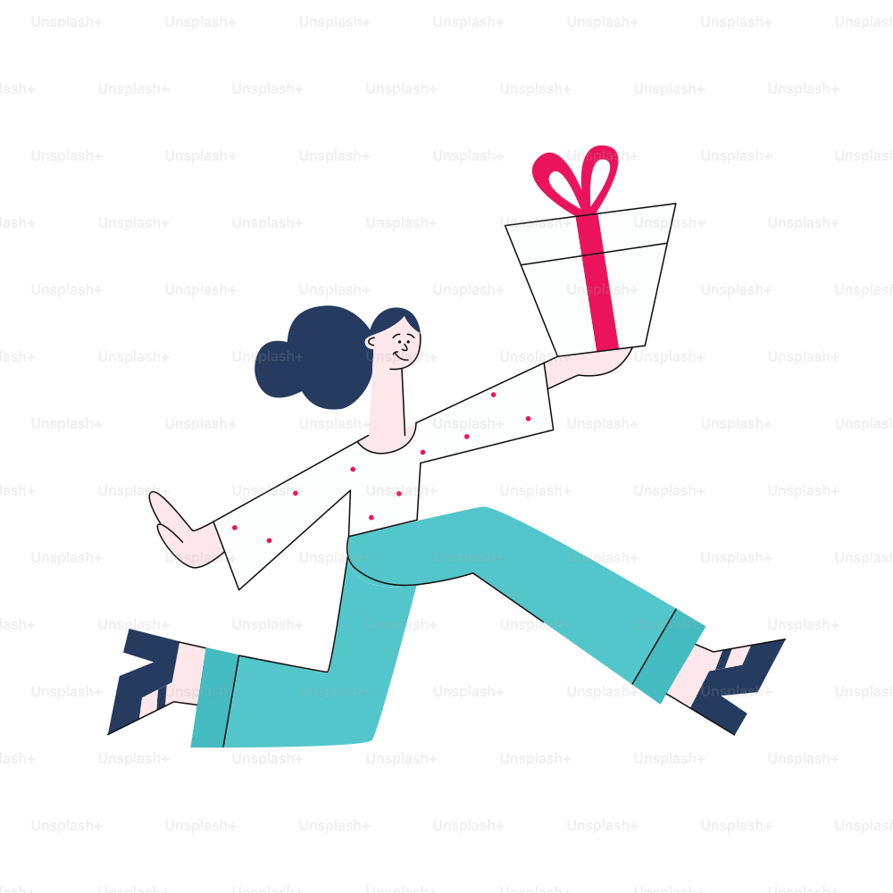 Ilustración vectorial de una mujer joven corriendo con una caja de regalo envuelta y decorada en su mano en estilo plano: personaje femenino dando un regalo con cinta y lazo aislados sobre fondo blanco.