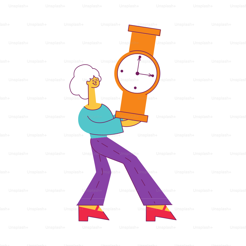 Vector stylized woman on red heels holding vintage table clock. Female character, office worker or manager and time management, deadlines concept. Isolated illustration