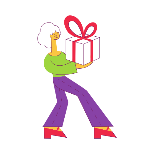 Vector illustration of young woman carrying wrapped gift box decorated with ribbon and bow in flat style. Female character giving present in festive package isolated on white background.