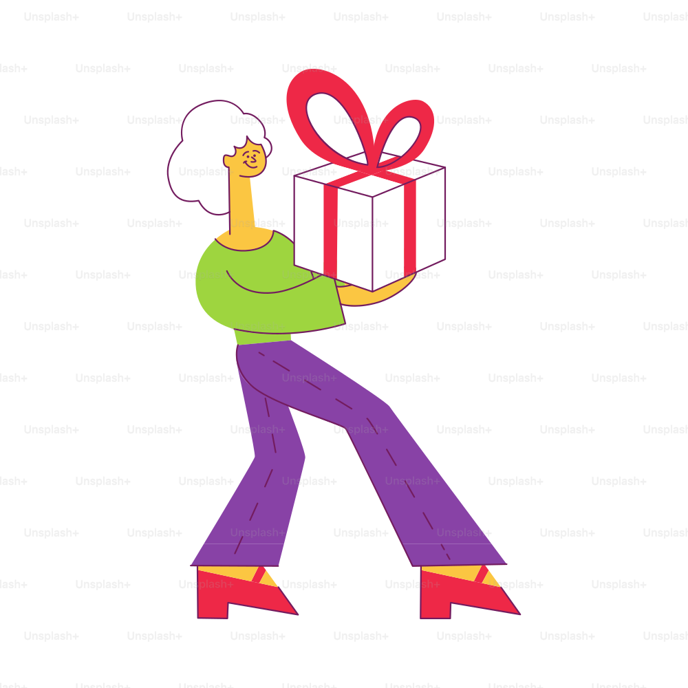 Vector illustration of young woman carrying wrapped gift box decorated with ribbon and bow in flat style. Female character giving present in festive package isolated on white background.