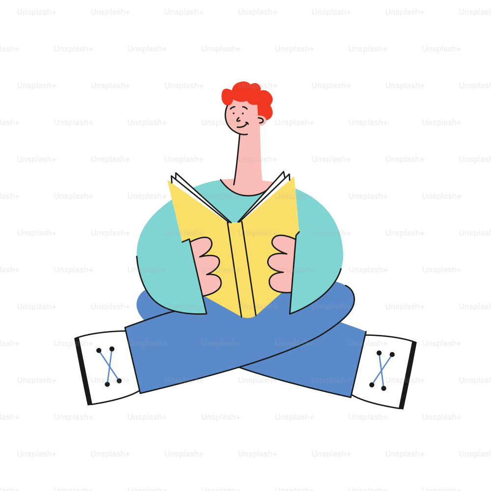 Vector stylisé homme plat en pantalon bleu, chemise verte assise jambe croisée lecture livre avec plaisir et sourire au visage. Étudiant à caractère masculin tenant un symbole d’éducation et de connaissance