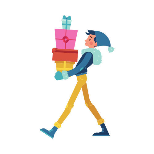 Vector illustration of man with stack of present boxes in flat cartoon style - young male character in winter clothes holding wrapped gifts for holiday design isolated on white background.