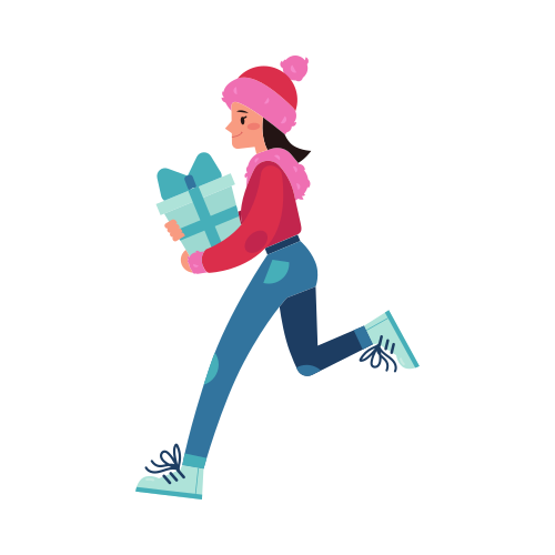 Vector illustration of young woman with wrapped present box runs and hurries in flat style - female character in winter clothes shopping isolated on white background for winter holidays design.