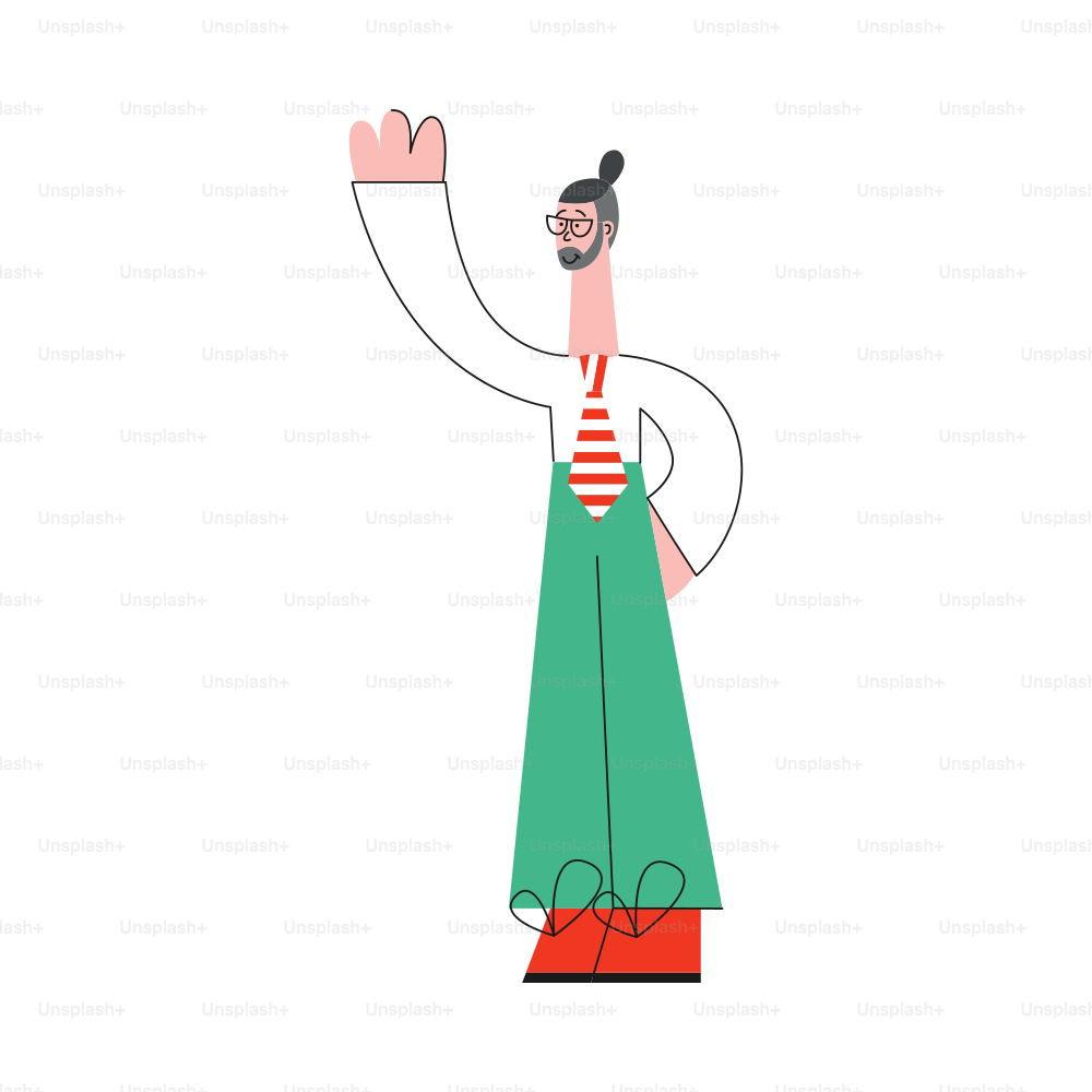 Illustration vectorielle d’un jeune homme debout et agitant la main ou montrant quelque chose dans un style plat à la mode - personnage masculin faisant un salut ou un geste d’adieu ou pointant isolé sur fond blanc.