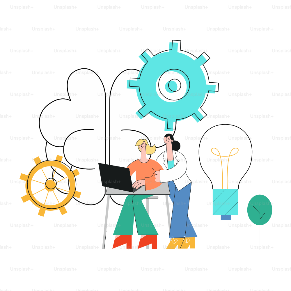 Vector illustration of coworking communication concept with two business women working with laptop and discussing project in trend flat style isolated on white background.