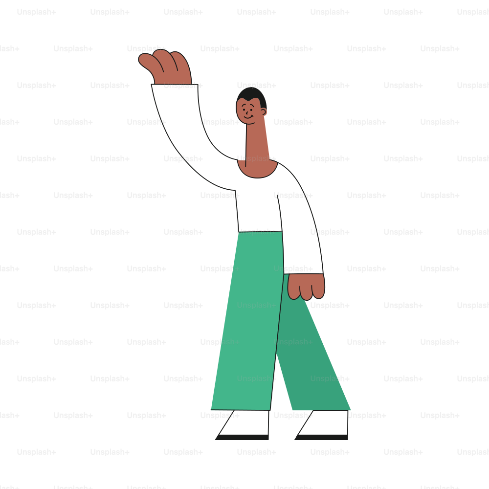 Vector cheerful young african man waving hand standing. Smiling stylized male character with social communication symbol and greeting gesture. Flat isolated illustration