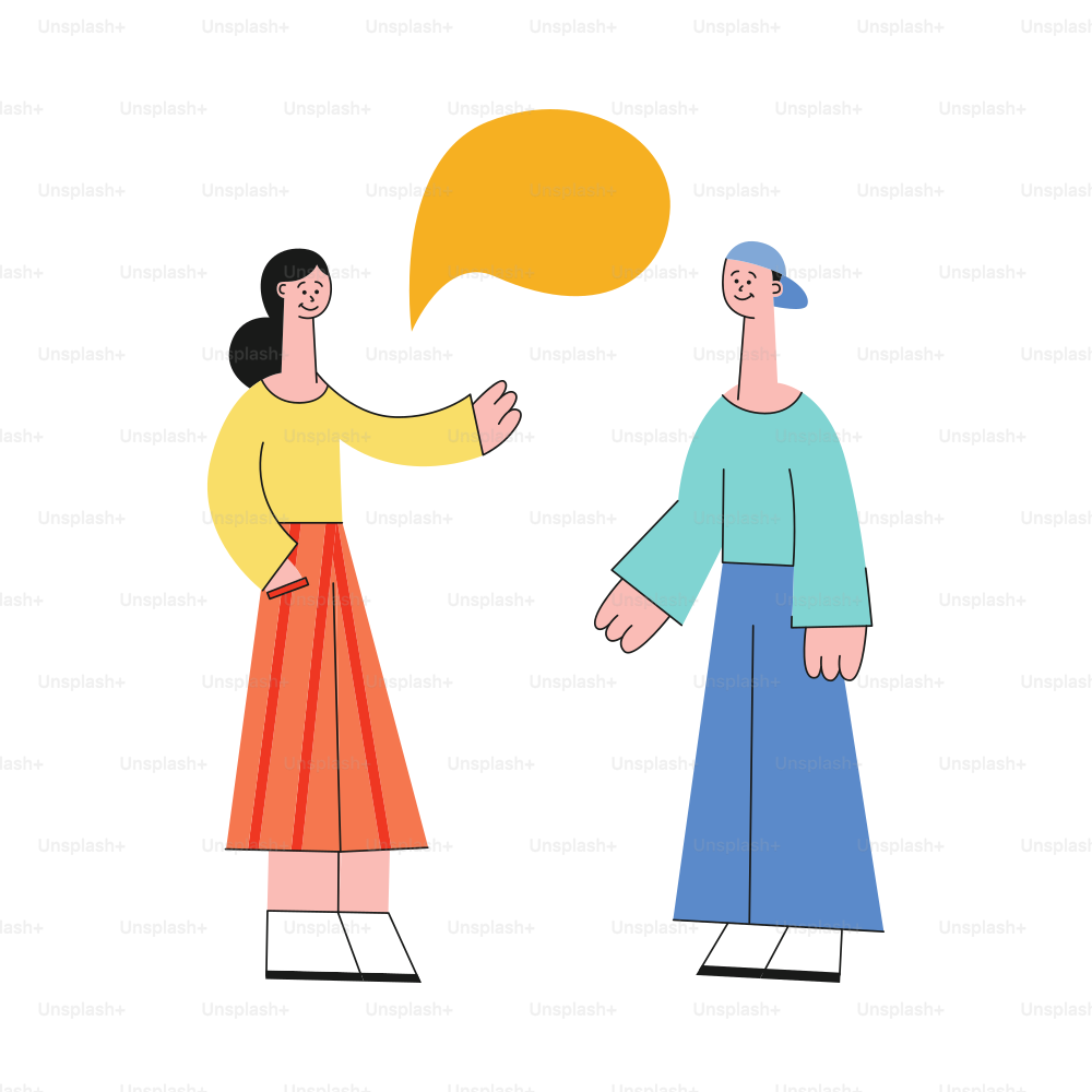 Vector young woman and man in casual clothing talking to each other gesticulating with empty speech bubble above head. Friends or colleagues and social communication. Flat illustration