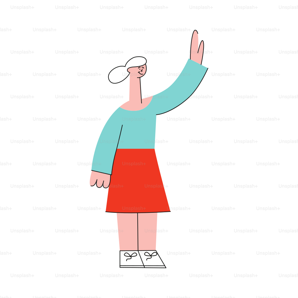 Vector female character waving hands to colleagues greeting after successful development meeting, collaboration. Office worker, business woman, and cooperation and teambuilding.