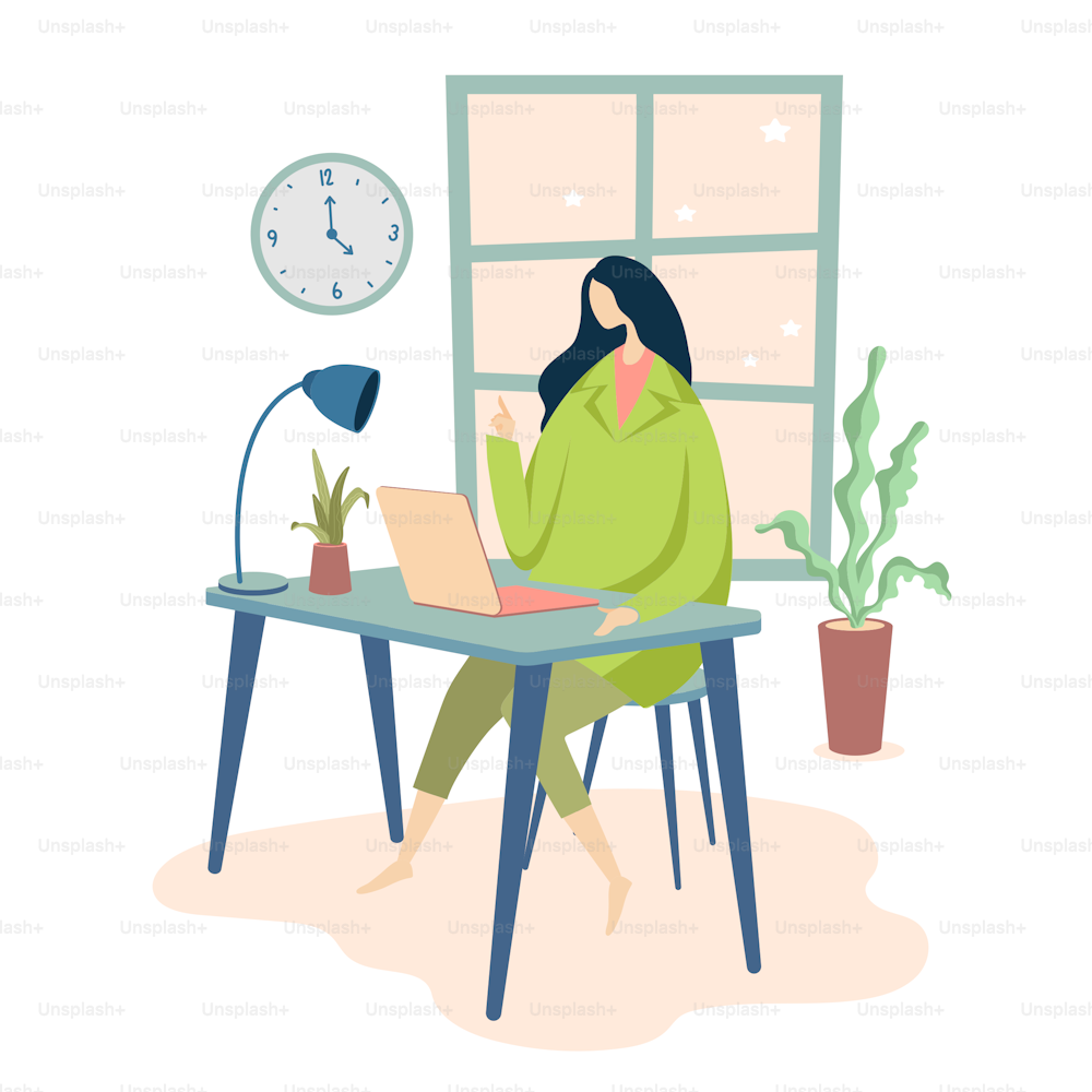 Work form home concept background of woman working with computer on table in room at her home. vector illustration of a woman inside home interior.