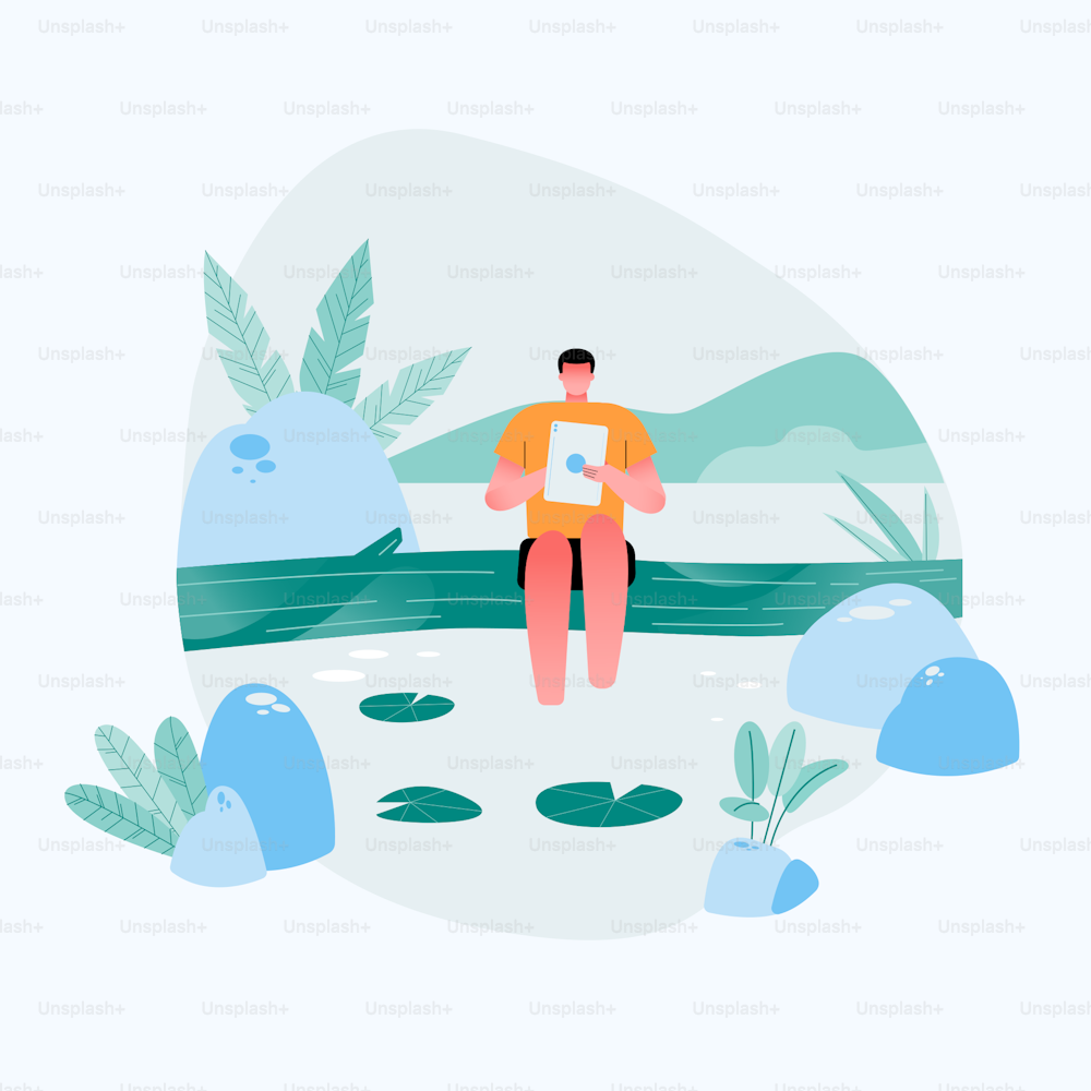 Relaxed freelancer guy sitting on On the river bank. Reading in tablet computer with good natural places. flat vector flat illustration."r"n