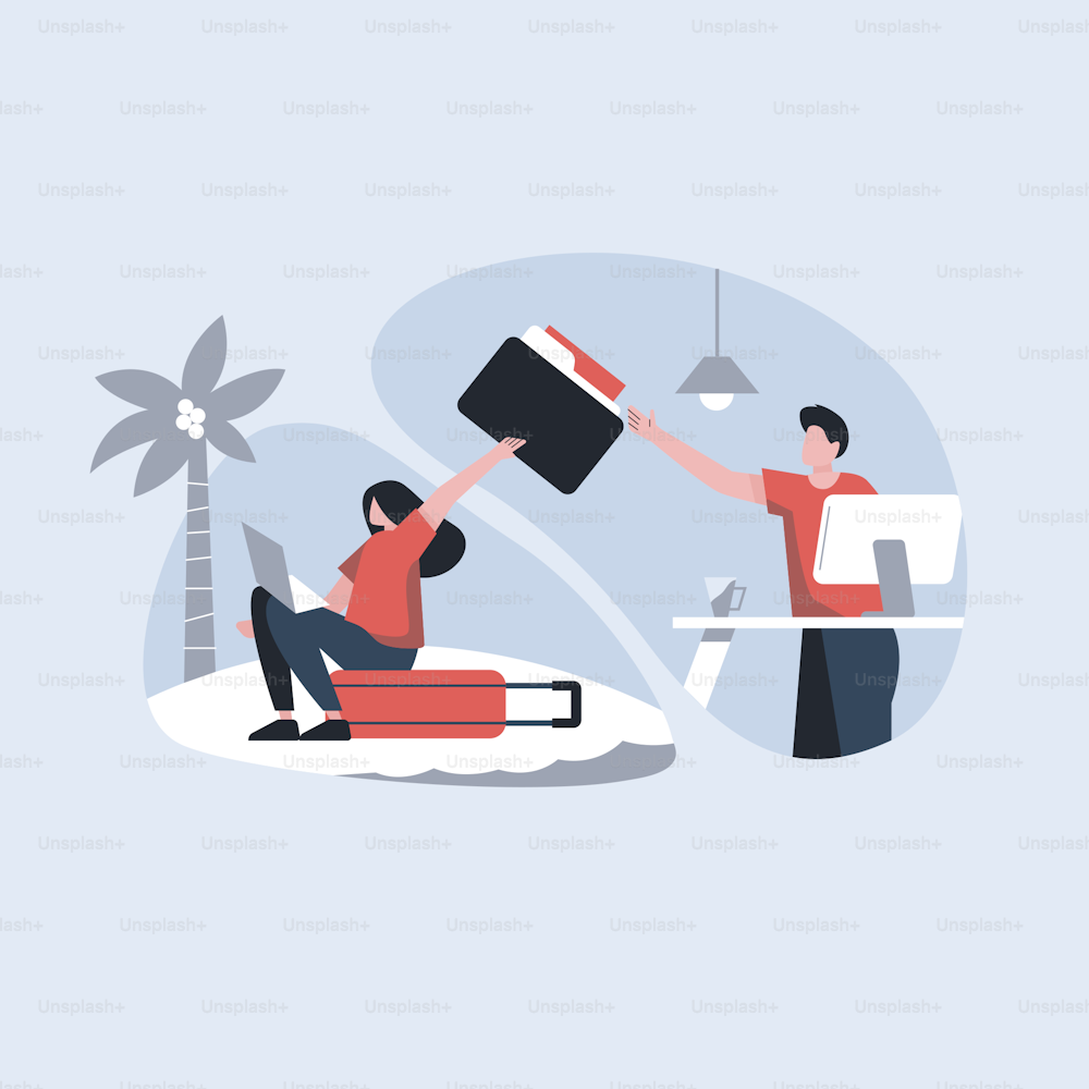 Business people doing office activity. Girl is sending file her colleague. Man taking file. Girl is on full travelling mood. Vector illustration in cartoon style.