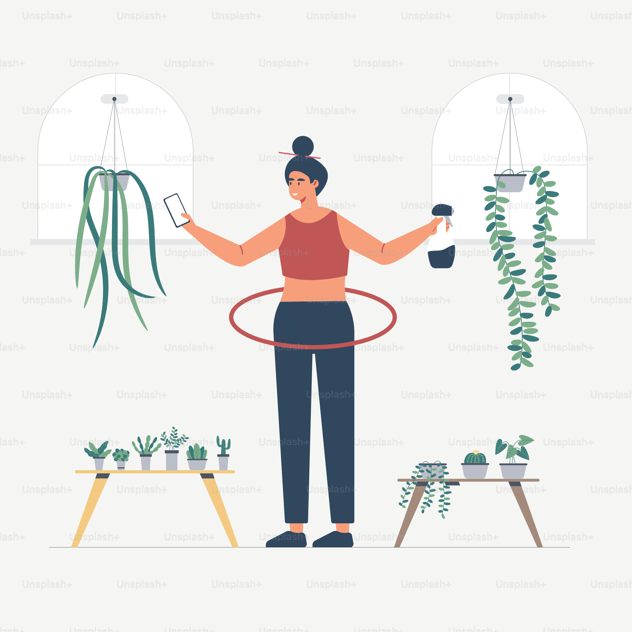 La casalinga si prende cura del giardino con vari metodi.  Illustrazione vettoriale piatta. Attività domestiche e attività umane