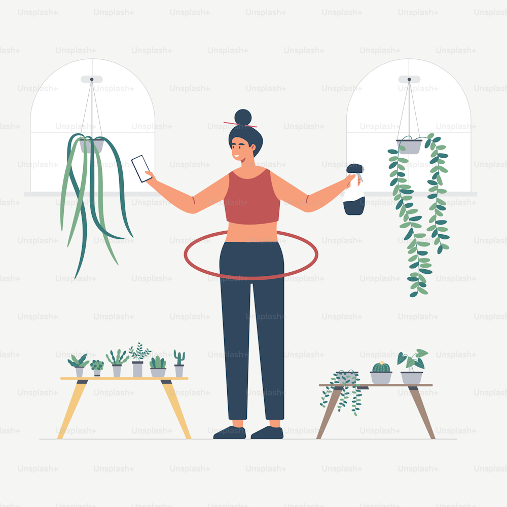 The housewife is tending the garden through various methods.  Flat vector illustration. Householding works and human activity banner.