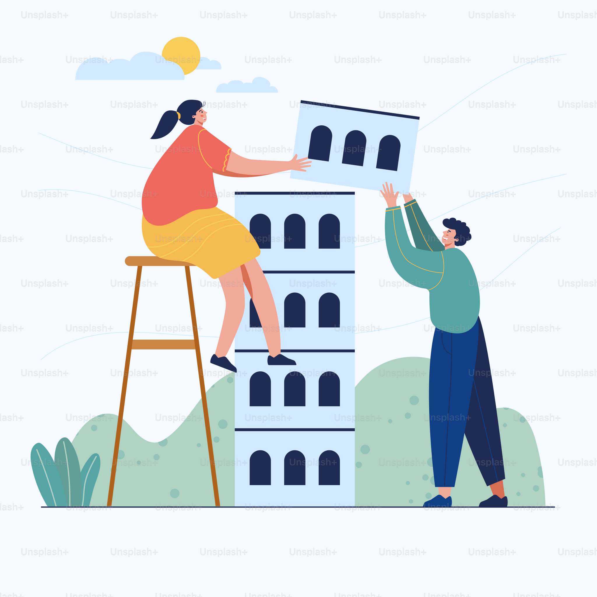 Couple faisant un modèle web à la maison, style dessin animé Modèle Web d’écran pour téléphone mobile, page de destination, modèle, interface utilisateur, Web, application mobile, affiche, bannière, illustration vectorielle plate