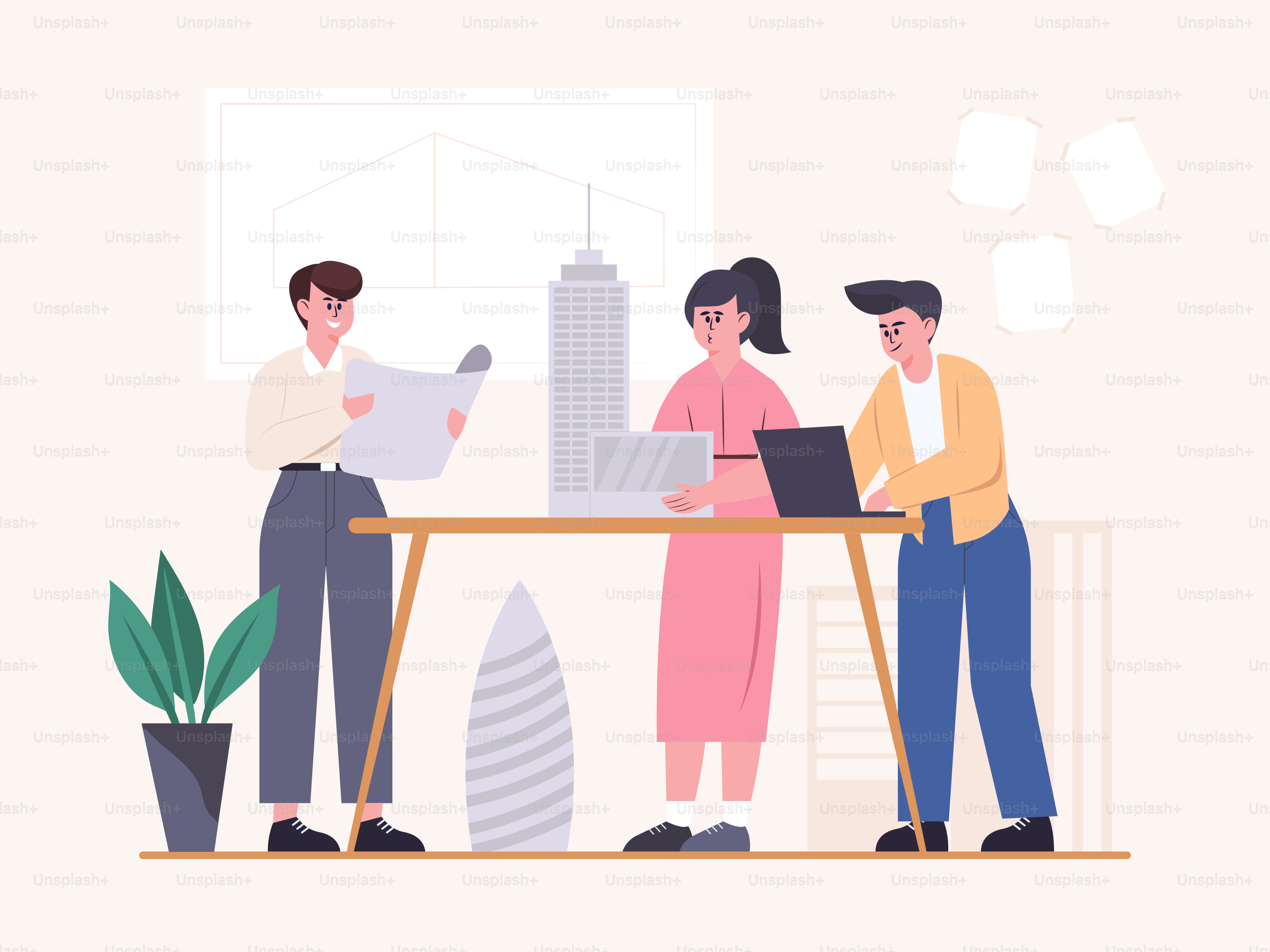 Réunion du personnel du bureau de construction Planification de la construction d’un bâtiment Avec un plan et une maquette de bâtiment assemblés