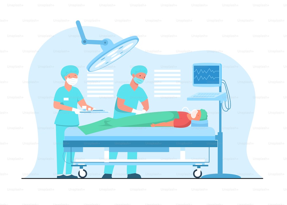 Un médecin effectue une opération d’urgence sur un patient d’urgence dans la salle d’opération de l’hôpital avec un assistant médical. Illustration de dessin animé vectoriel plat