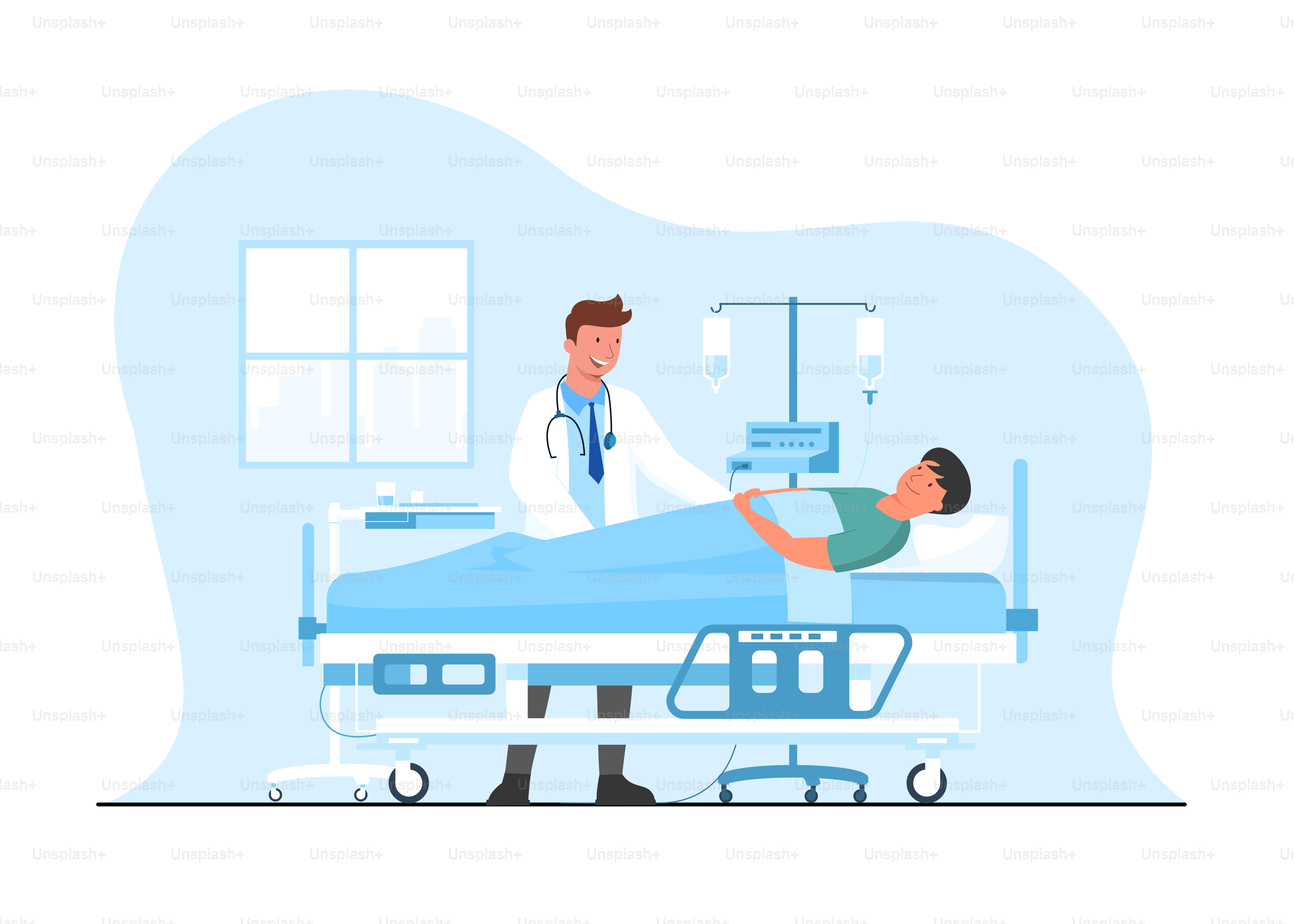 Doctor and patient medical concept. hospital patient lying in hospital bed  The host doctor came to see the symptoms to evaluate the treatment. Hospital  Room with Modern Equipment. Vector Illustration vector –, image size:3000x2143