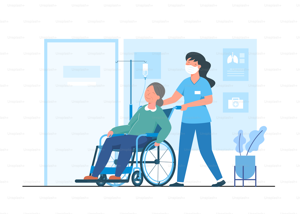 Ilustración de vector plano del concepto de servicio hospitalario. El personal del hospital proporciona sillas de ruedas para pacientes con solución salina a la sala de examen del médico.