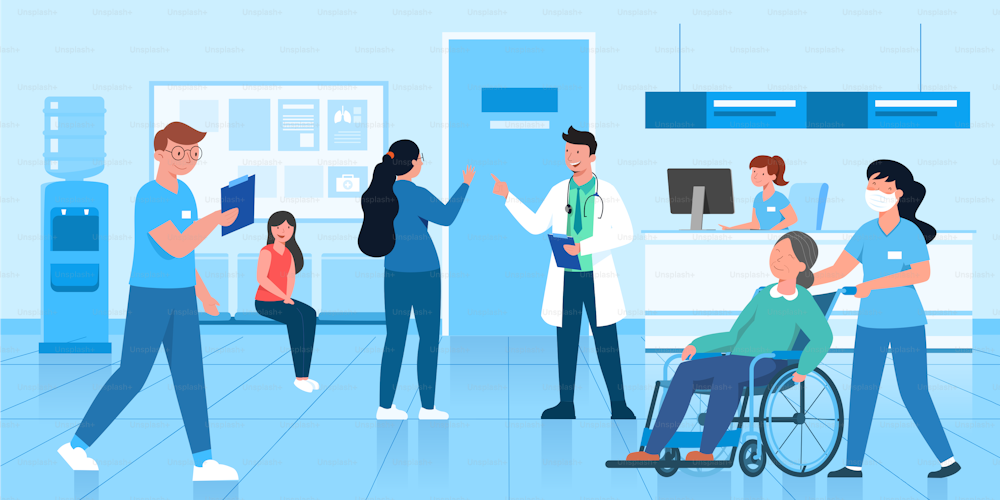 A good hospital will have a clear procedural service system and public health standards. There is a staff of services, information and specialist doctors. Hospital service concept vector illustration