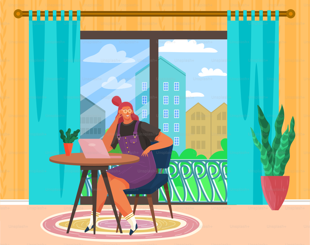 Woman sits at table, workplace with computer. Remote work, freelance, house office, programming, training concept. Lady sitting with laptop and surfing Internet. Female freelancer works from home