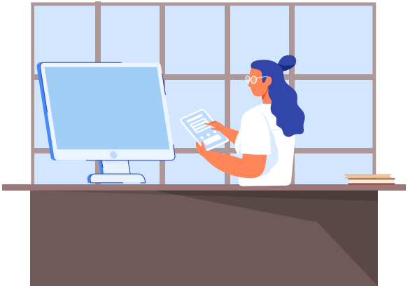 Junge Frau arbeitet am Laptop. Weibliche Figur mit Brille am Arbeitsplatz mit moderner Technologie. Szene eines freiberuflichen oder Bürojobs. Die Dame steht neben dem Stand mit einer Vektorgrafik des Computergeräts